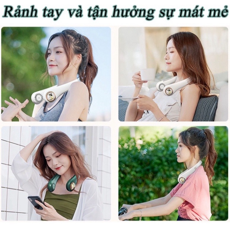 Quạt mini đeo cổ không cánh làm mát thông minh 360 độ, quạt treo cổ tích điện 3 chế độ pin 2400mAh sạc USB _QC2